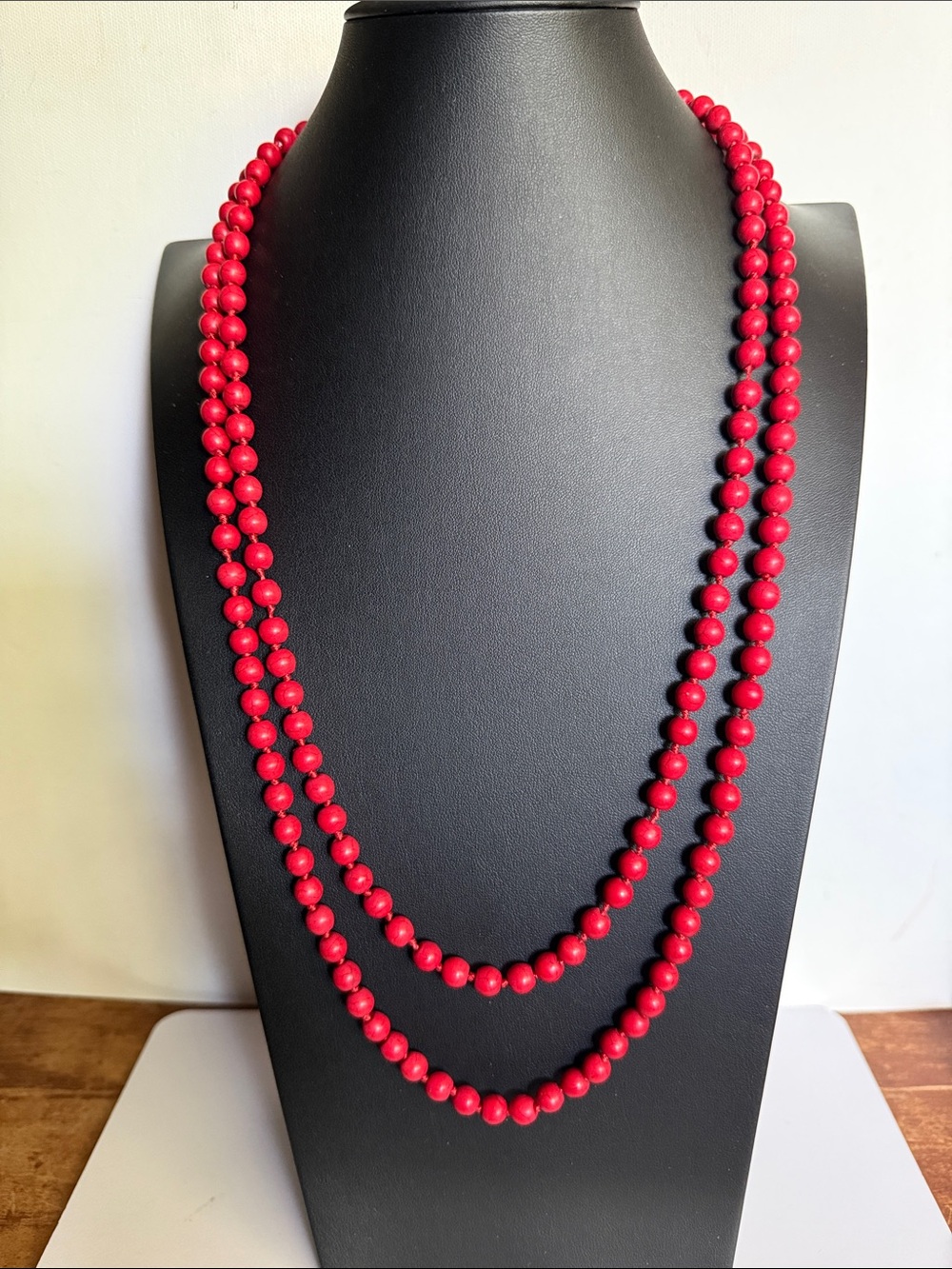 Women’s Long 58” Knotted Red  Over the Head Style Beaded Necklace